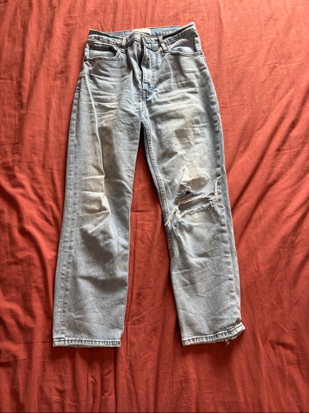 High rise straight jean with knee hole